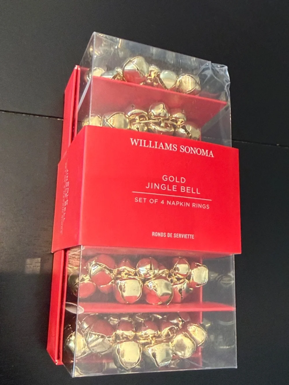 Williams Sonoma Gold Jingle Bell Napkin Rings Set of 4 Holiday‎ Christmas  new